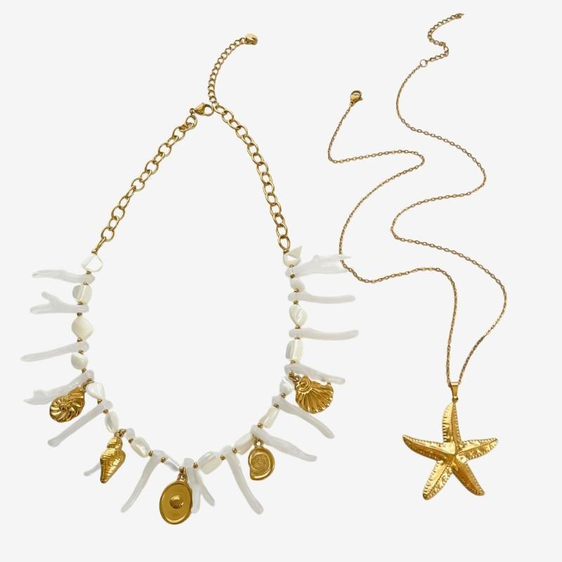 Sea Starfish Coral Shell Beaded Necklace Lightweight Stainless Steel Acrylic Stackable Jewelry For Daily Wear