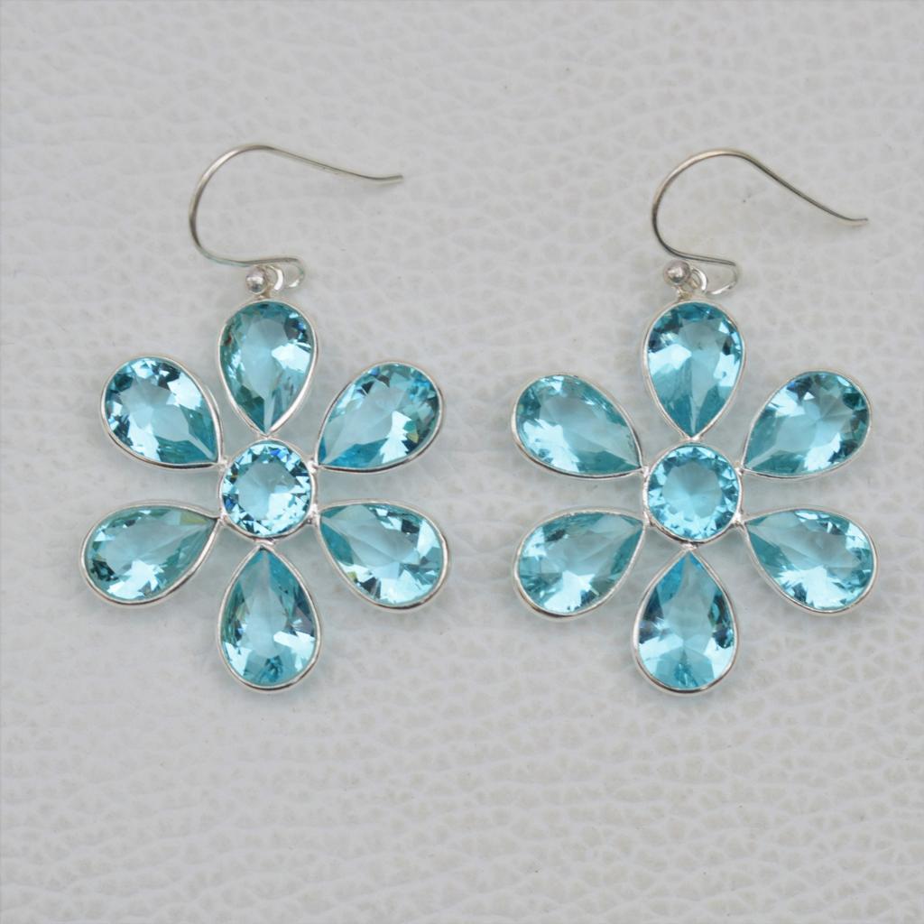 Blue Topaz Flower Earrings: Handmade 925 Sterling Silver Dangle Earrings