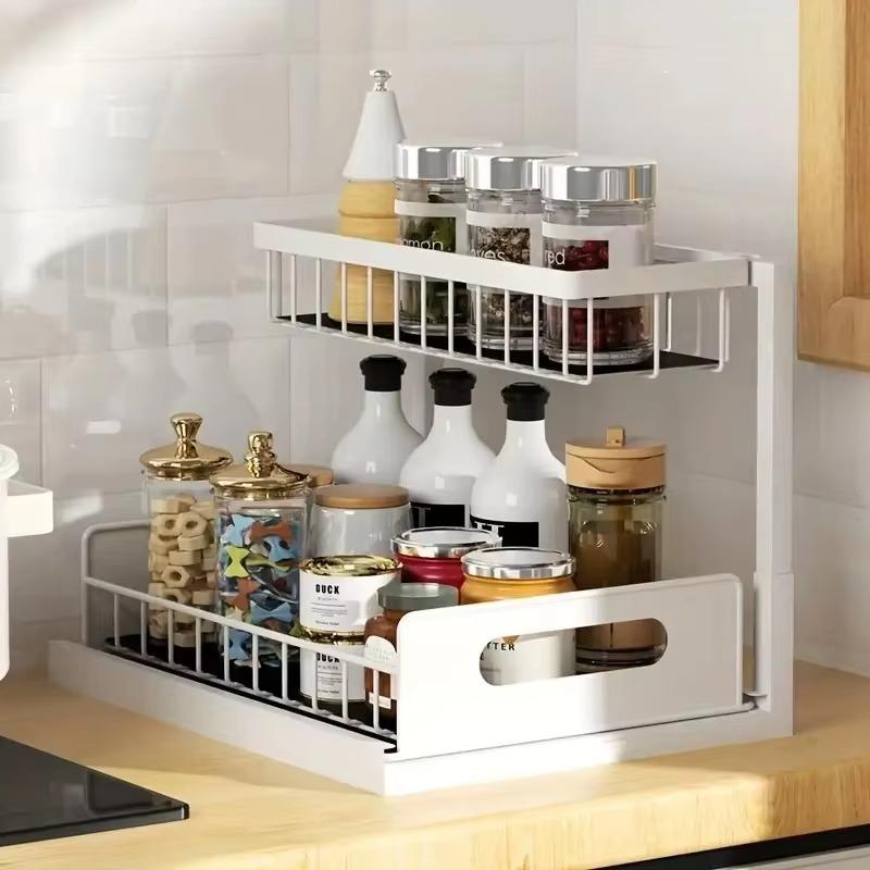

Under Sink Organizer Metal Pull Out Cabinet Organizer Spice Rack Kitchen Bathroom Organizers and Storage with Sliding Drawer 2-tier білий