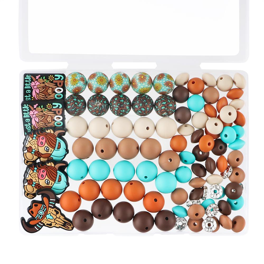 New 100Pcs/Box Yak Cow Silicone Focal Beads Printed Round Lentil Bead Kits DIY Keychain Bracelet Accessories For Jewelry Making