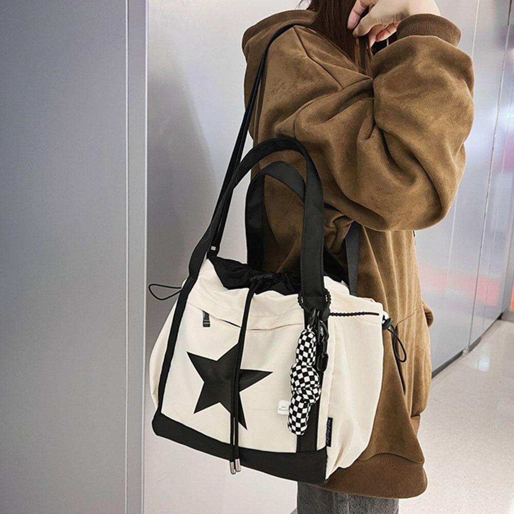 Drawstring Star Tote Bag Nylon Y2K Crossbody Bag Simple Large Capacity Shoulder Bag Outdoor