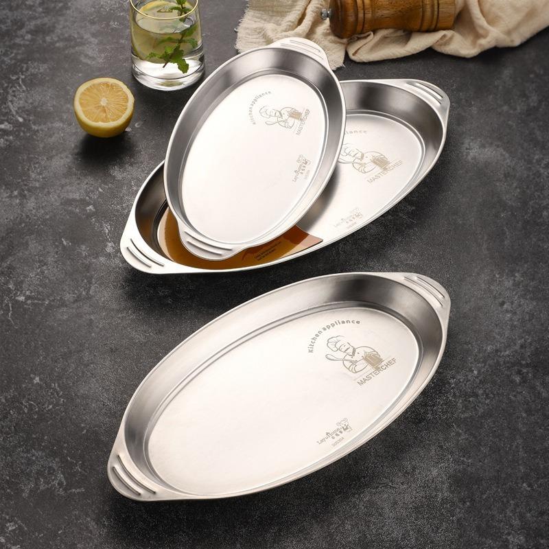 304 Stainless Steel Fish Plate Grilled Fish Plate Creative Barbecue Plate Snack Plate Fish Type Dish Oval Plate Steamed Plate Silver