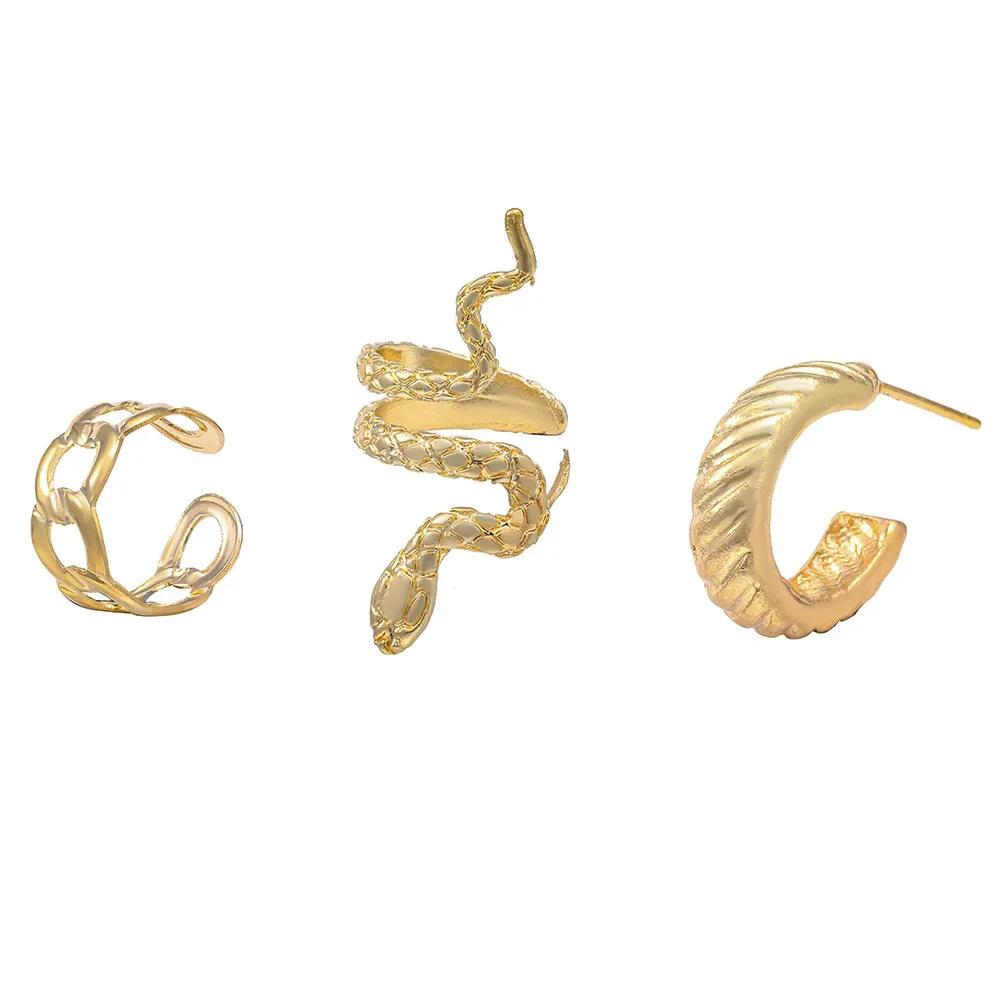 New Personality Gold Color Clip Earrings Fake Piercing Jewelry Set Fashion Lines Snake C-shape Ear Cuffs for Women Party Gift