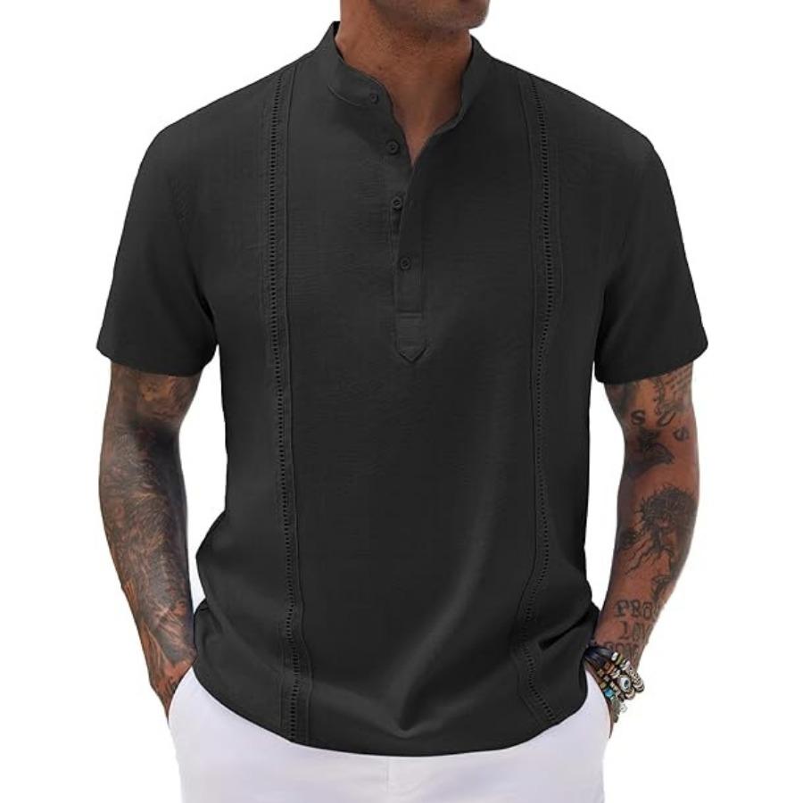 Hallow Stripe Cotton Shirts Mens Vacation Solid Buttons Stand Collar Short Sleeve Shirt Casual Men White Blue Men Clothes