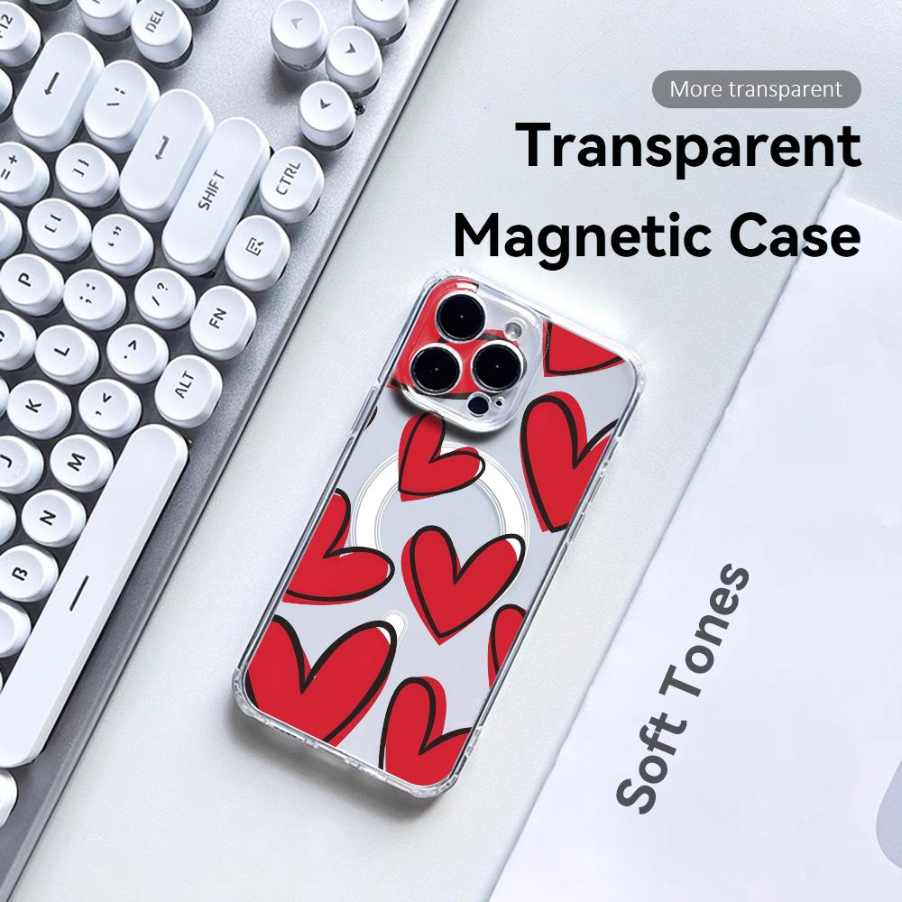 INS Fashion Heart Phone Case For iPhone 17 16 15 14 13 12 Pro Max Plus With Magnetic Crystal Clear Case Wireless Charge