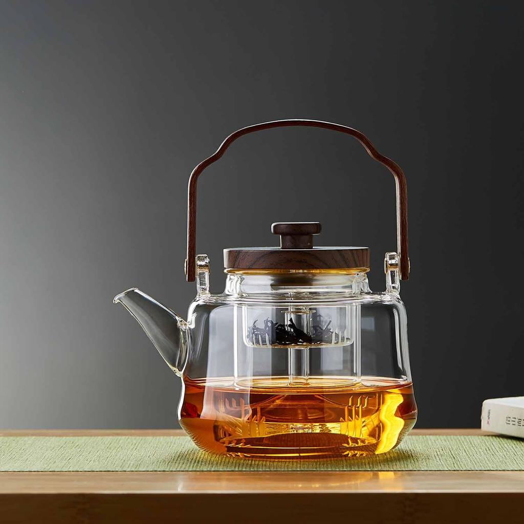 Pokaro Tea Heat-Resistant Glass Teapot, 1090ml, for Steamed and Boiled Tea, Transparent Design with Wooden Handle and Glass Tea Strainer,