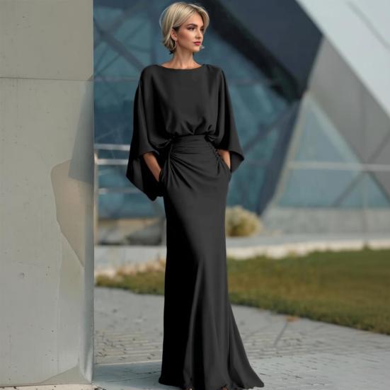 Dames Geplooide Bootnek Bruiloftsgast Jurk, Backless Vleermuis 3/4 Mouw Bodycon Lange Jurk, Formele Feest Cocktail Prom Jurk