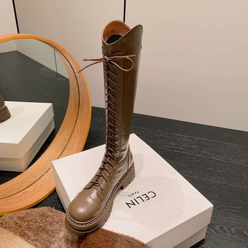 Krazing Pot Buty Jesienno-Zimowe ze Skóry Naturalnej Europejski Design Średnie Obcasy Kozaki Jeździeckie Kobiety Utrzymują Ciepło Kozaki do Uda