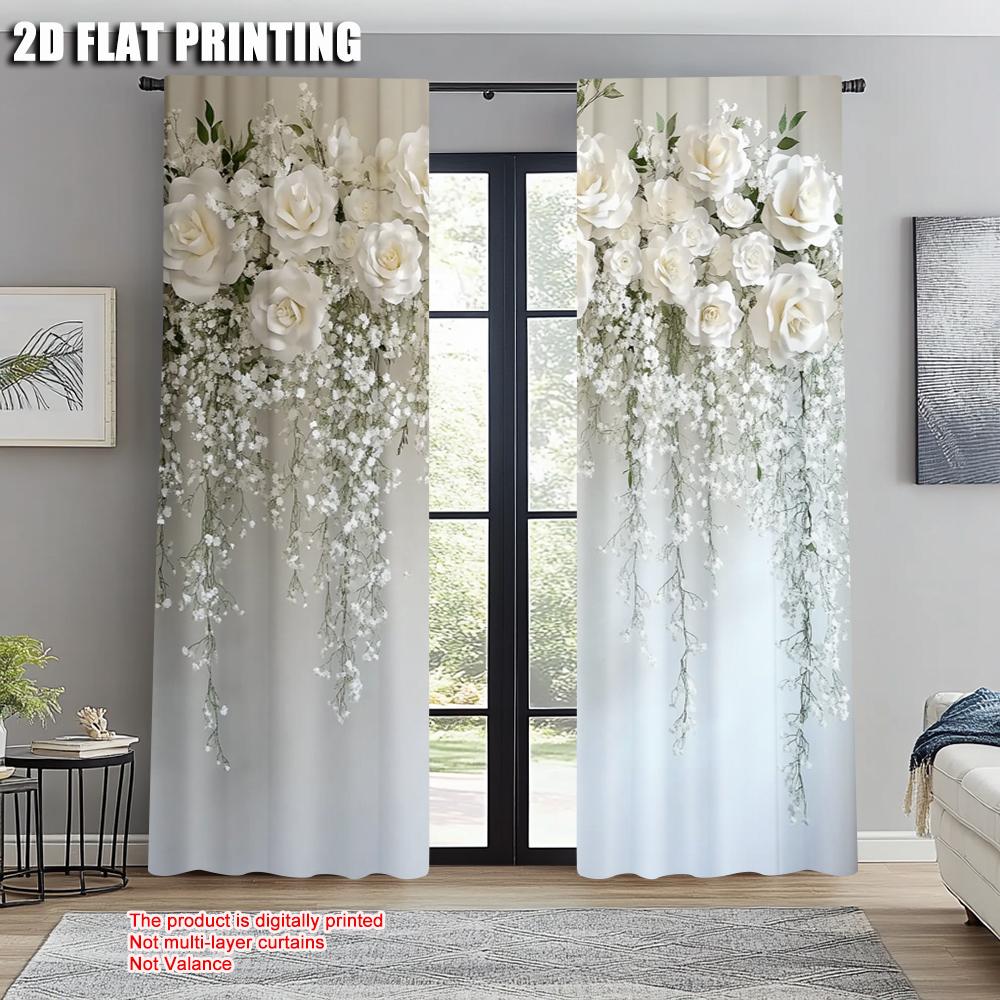 2pcs, Popular Curtains 2D print Elegant White Flowers Polyester Easy Install (without rod) Room Decor Perfect for Bedroom,