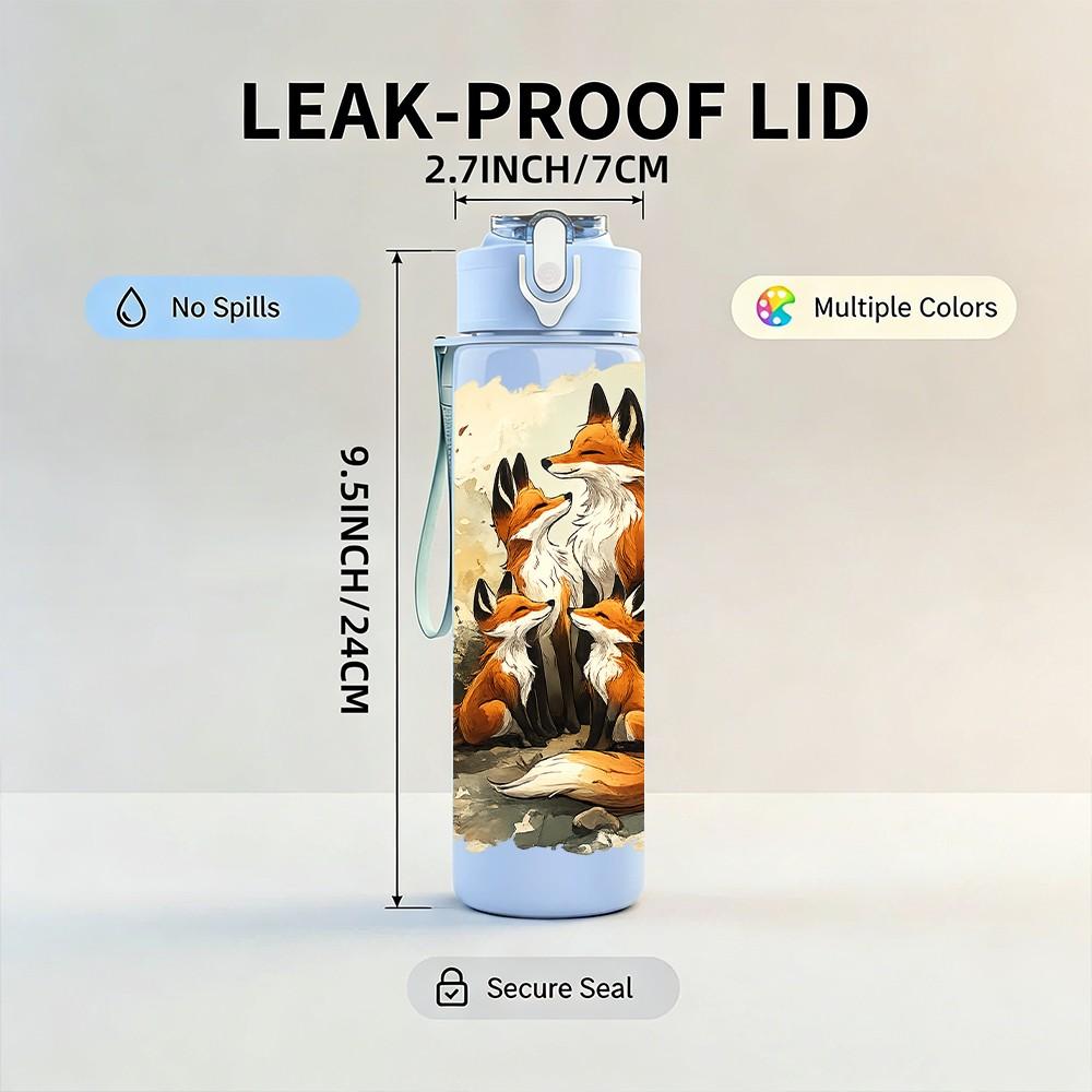 1 Stück Fuchswild Herbstwald Szene Druck 750ml Farbe Kunststoff Sport Wasserflasche Auslaufsicher Klappdeckel mit Strohhalm Geeignet für Sport Büro Heimgebrauch