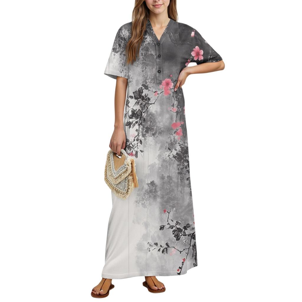 Women's Fashion Printed Nightgown Home Clothes Short Sleeve Nightgown With Pockets Long Dress
