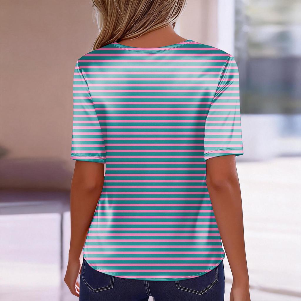 Damesmode Casual Gestreept Print Kraag Korte Mouw Knopen T-shirt