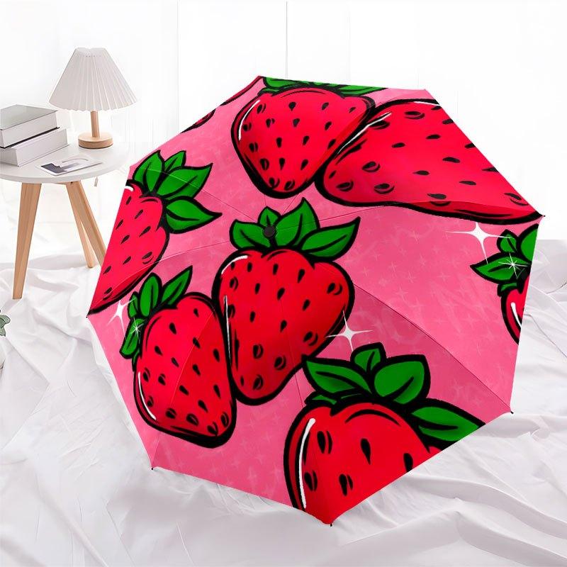 Stained Glass Strawberries And Flowers Portable Automatic Umbrella Folding Umbrella With 8 Ribs Foldable Design Perfect For Outdoor Adventures Vibrant