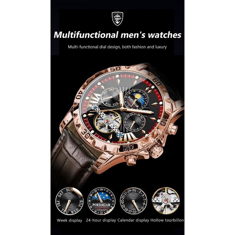 POEDAGAR Luxury Automatic Wristwatch Waterproof Luminous Date Week Leather Men Watch Tourbillon Mechanical Fashion Watches
