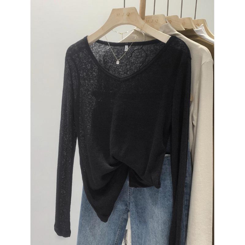 Szykowany kardigan z dekoltem w serek, z prześwitującego materiału chroniącego przed słońcem - Słodka i pikantna koszulka z długim rękawem dla kobiet, na wiosnę i jesień