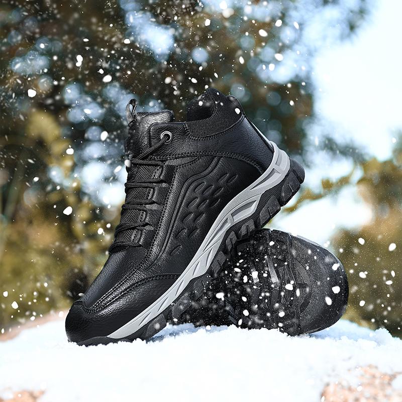 FashionMen Winter Snow Boots Lace Up Fashion Waterproof Leather Sneakers Plush Warm High Top Men's Ankle Boots Outdoor Men Hiking Boots