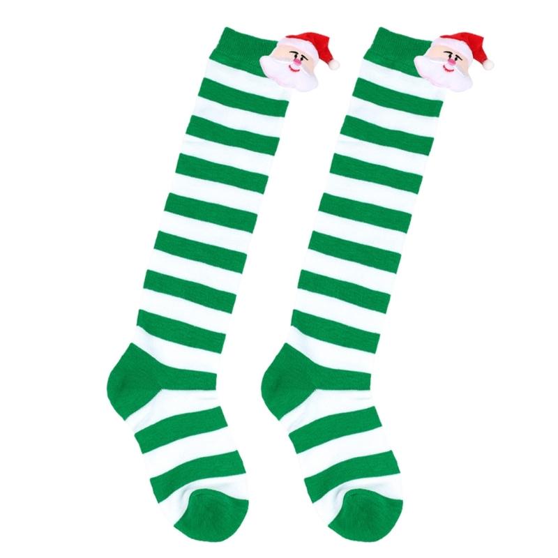 Cartoon Santa Christmas Stockings for 6-10Y Children Over the Knee Socks for Little Girls Unisex Winter Striped Socks