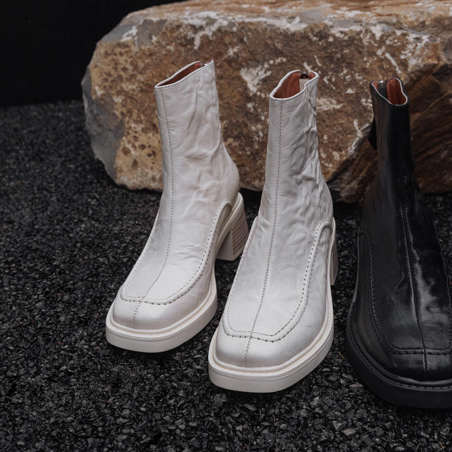 

Krazing Pot Sheepskin Базовая одежда Осенне-зимняя обувь Модные ботинки с круглым носком Сохраняют тепло Ботильоны на толстом высоком каблуке 40 слоновая кость