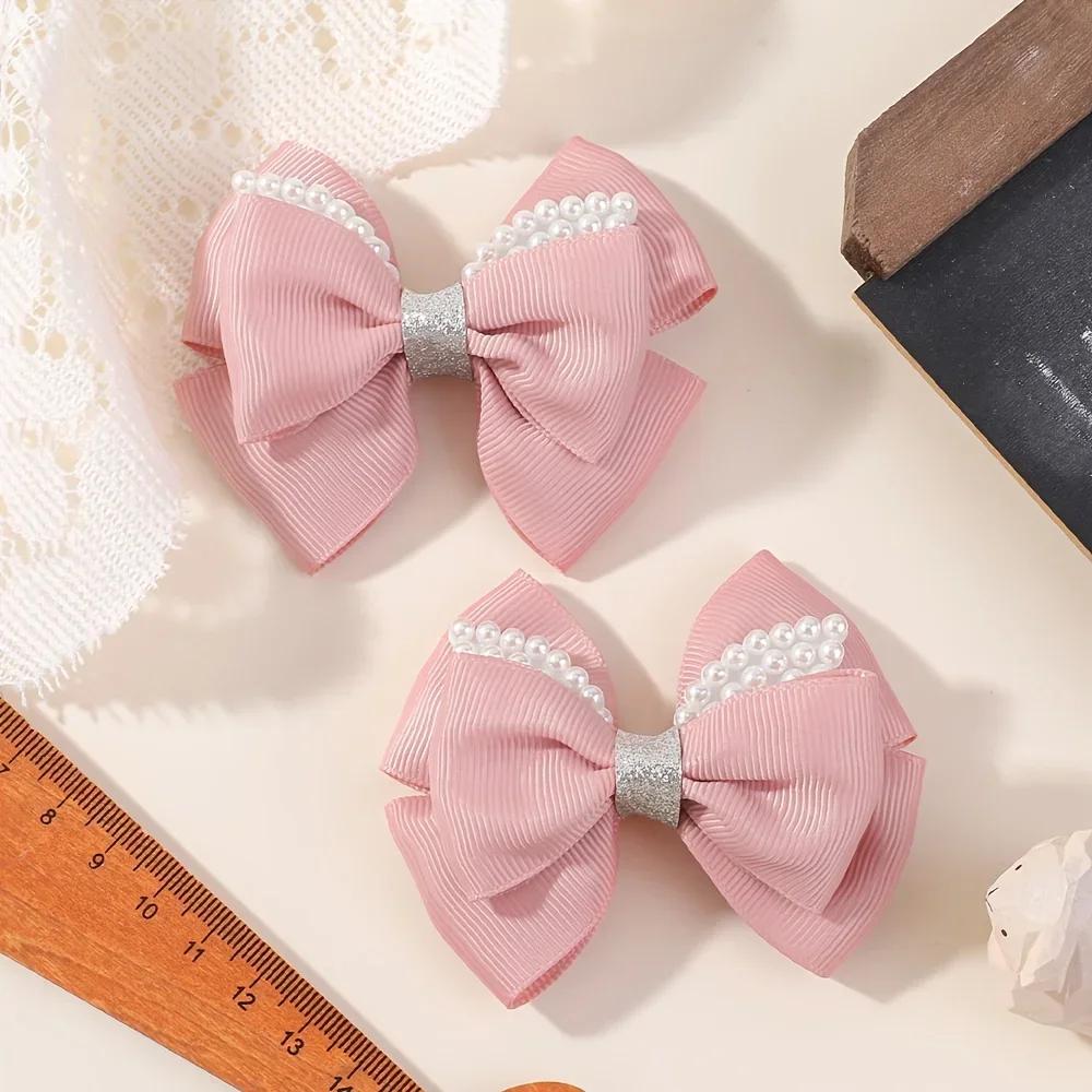 

2Pcs 3.34inch Kids Bows Pearl Ribbon Hair Clips for Baby Girls Boutique Delicate Bowknot Barrette Palace Princess Style Headwear