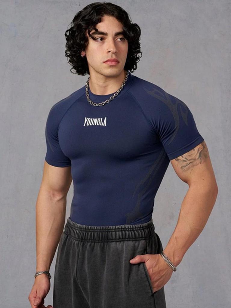Men's Quick-Dry Printed T-Shirt for Muscle Building, Spring & Autumn Sports Training