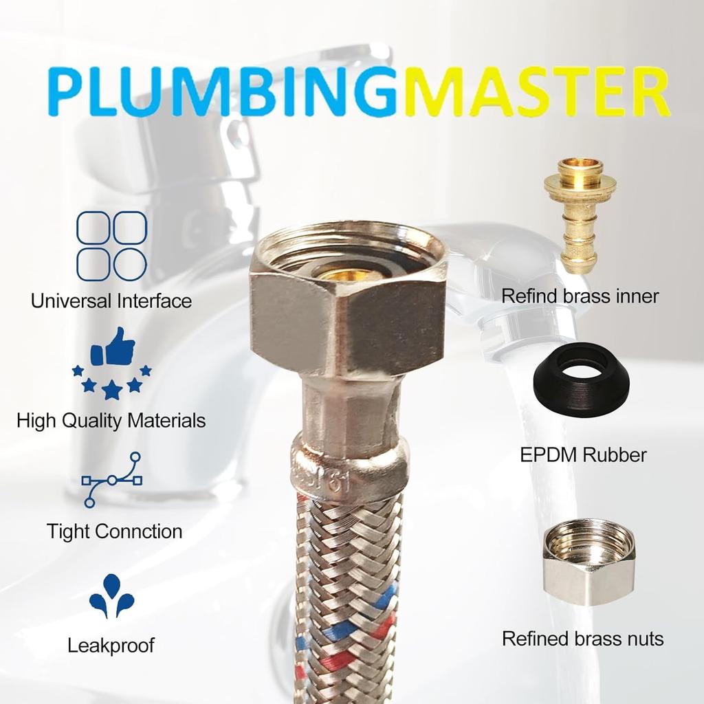 12" Braided Stainless Steel Faucet Supply Lines 3 8" Comp X 1 2" FIP Water Hose Connector for Bathroom Kitchen Sink 2-Piece Set