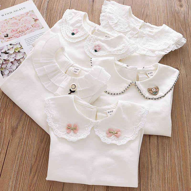 Girls' White Cotton Peter Pan Collar Long Sleeve Shirt for Spring & Autumn