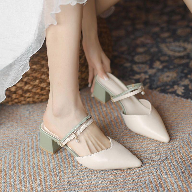 Soft Leather Half Slippers for Women, Pointed Toe Sandals for Women's Outdoor Wear, Thick Heels for Women's Middle Wear, and Two Pairs of Slippers