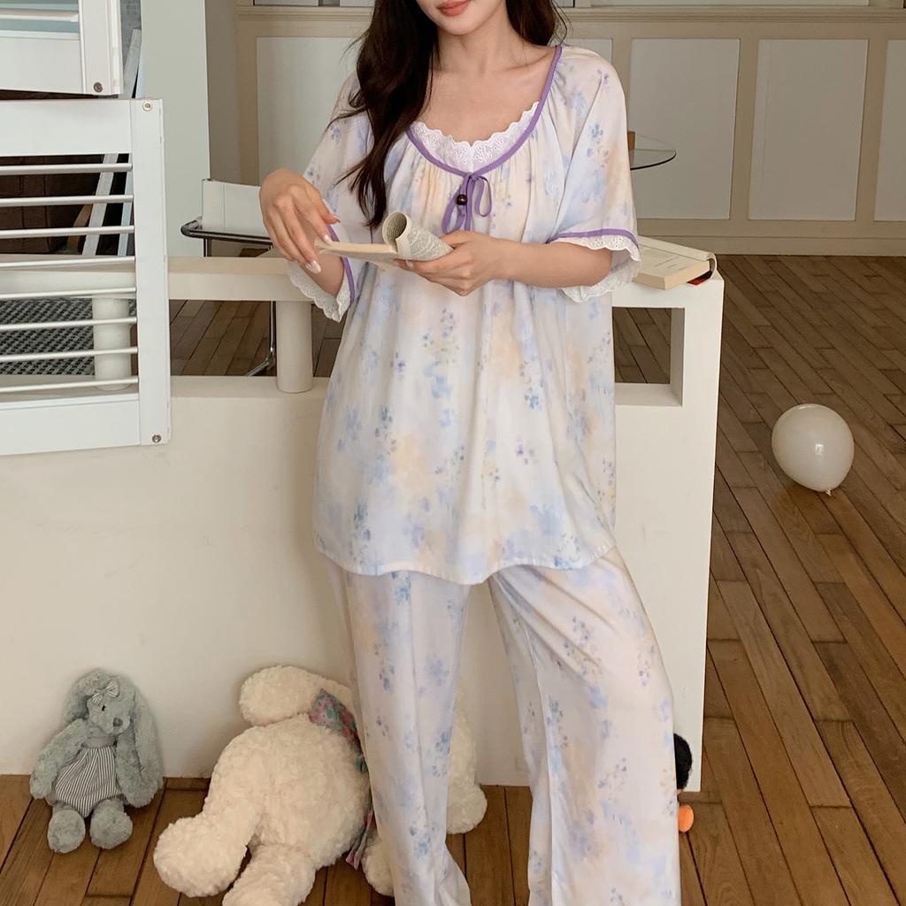Sweet floral cotton silk pajamas women's summer short sleeves can be worn outside loose loungewear cool and breathable high-end suit