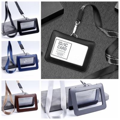 Double-Sided Leather Card Cover Badge Clip With Neck Strap ID Card Holder Card Case Clear Leather Badge Holder Badge Accessories