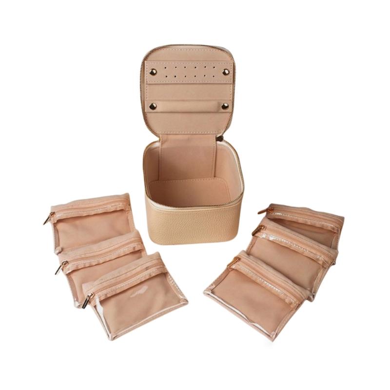 

PU Leather Jewelry Box Accessory Organizer with Clear Zippered Pocket Storage Case for Earrings Bracelets Necklaces