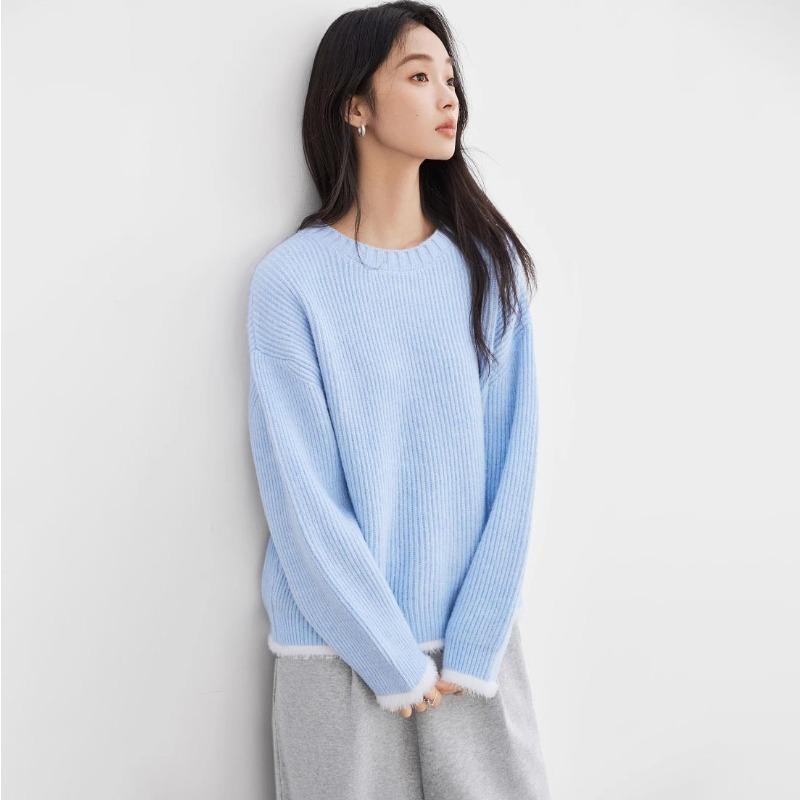 

Осень и зима новый милый стиль имитация норки пуловер с круглым вырезом свитер женский повседневный свободный контрастный цвет вязаный свитер топ average size