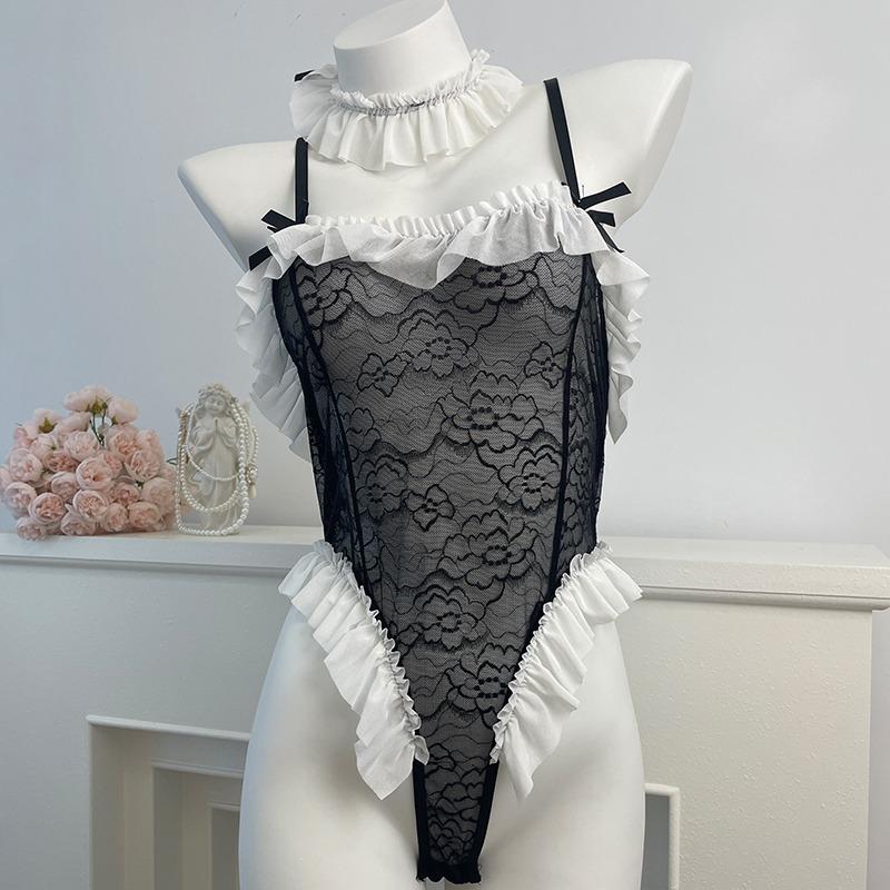 Sexy Lace Lingerie Set Open Stand Uniform Onesie Suspender Pajamas For Women Seductive Adult Female Costume