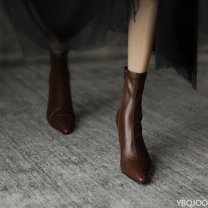 Fashion Women's high-heeled short leather boots for autumn winter comfortable versatile pointed slender heel style ankle short boots