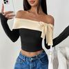 New Women's Fashionable Short-sleeved Top with Long Sleeves, Open-back V-neck and Bow Tie Design.