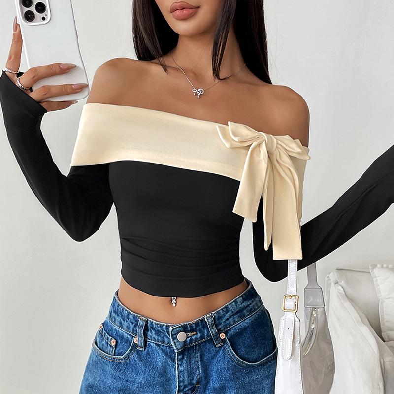 New Women's Fashionable Short-sleeved Top with Long Sleeves, Open-back V-neck and Bow Tie Design.