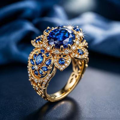 Luxury Female Blue White Zircon Big Stone Engagement Round Flower Ring Vintage Gold Color Wedding Fashion Jewelry for Women