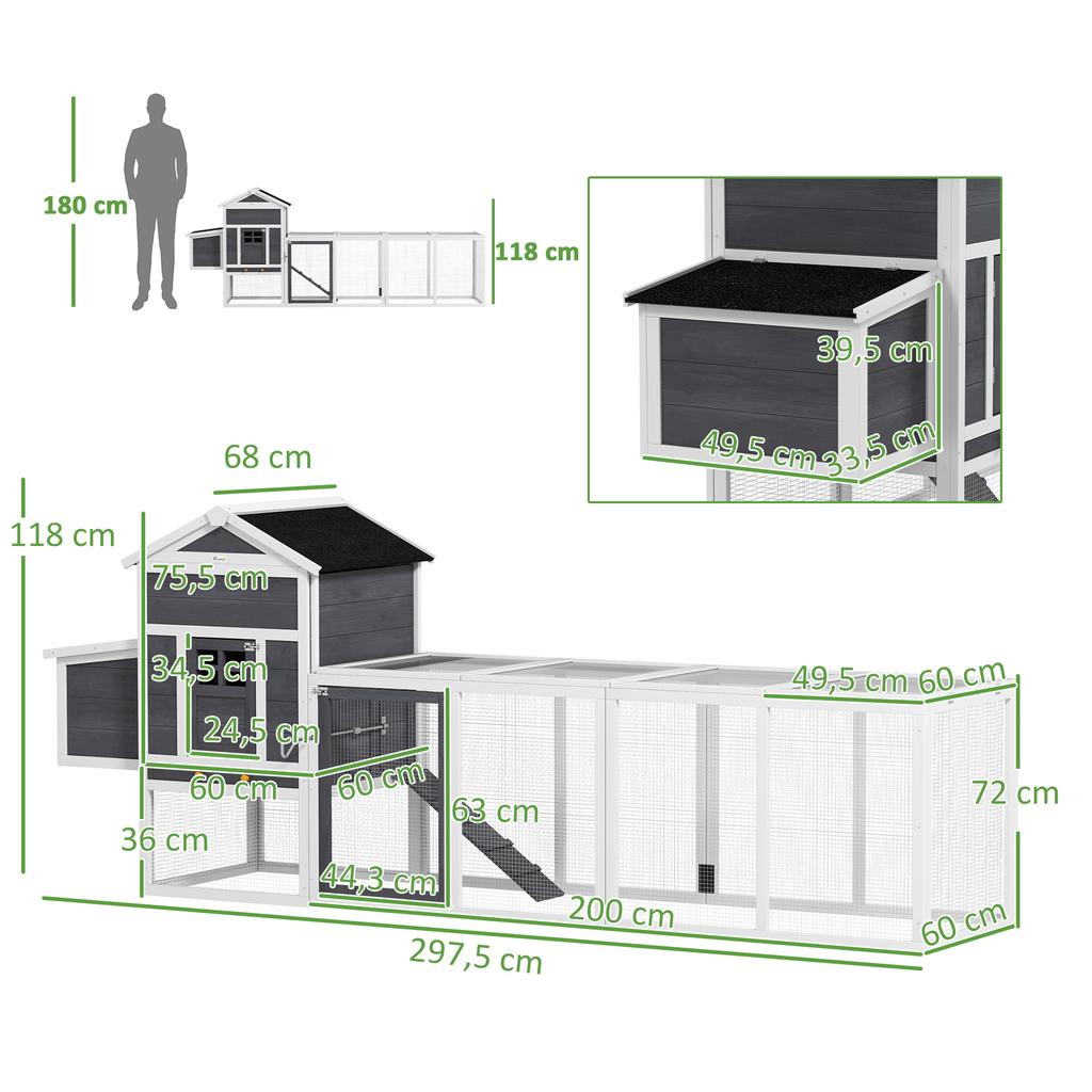 Chicken Coop, Outdoor Wooden, Removable Nesting Tray, Solid Wood, 297.5 x 68 x 118 cm, White