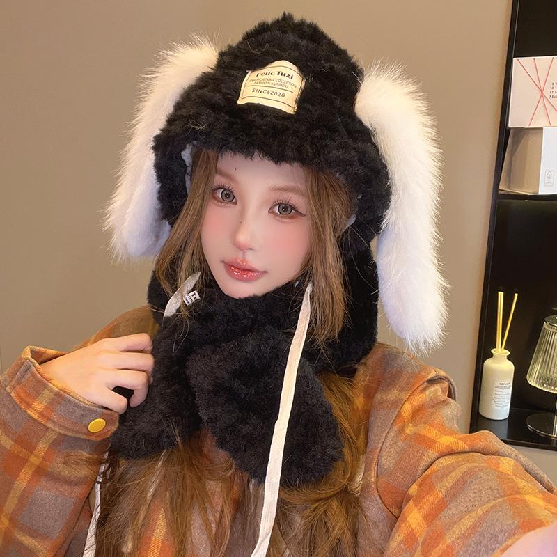 Cute Plush Rabbit Ear Hat for Women In Autumn and Winter Thick Pullover Hat Ear Protection and Warmth Lei Feng Hat Scarf Integrated Hat