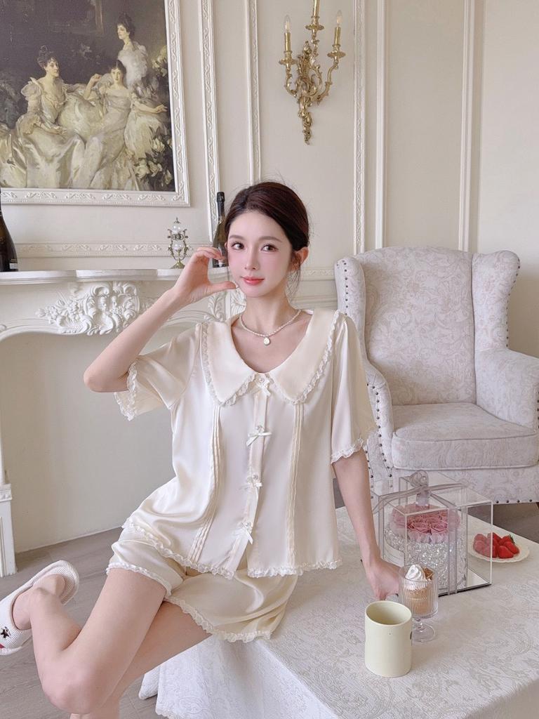 New French Ice Silk Pajamas for Women, Summer Short-Sleeve Lace Lace Fresh Girlish Solid Color Homewear Set
