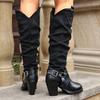 2025 Shiny Female Knee High Boots Round Toe Block Heels 6.5cm Slip On Flock Suede 45 46 47 48 Fashion Riding Booties