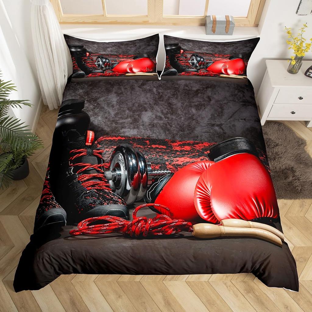 Boxing Sport Duvet Cover Set Golden Boxing Gloves Comforter Cover Kids Boys Teens Yellow Fire Print Duvet Covers with Pillowcase