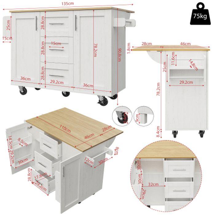 Kitchen Island - MUVOE - White - Removable Casters - 3 Drawers - Dense Panel