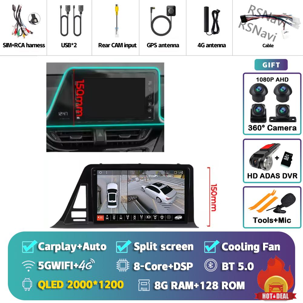 Android 14 Carplay Auto For Toyota C-HR 2016 - 2020 Car Radio Player Multimedia Stereo 360 Camera Navigation Video AI Voice GPS