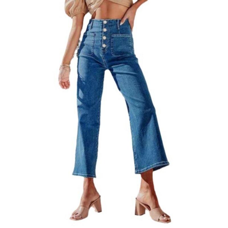 Autumn New Breasted Elastic Jeans Women's High Waist Temperament Skinny Washed Straight Pants