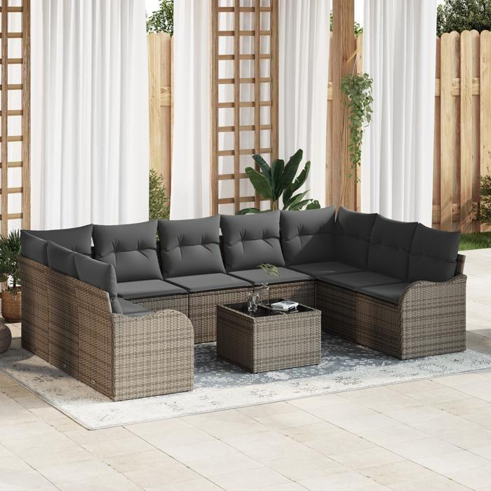 Ensemble de Canapé de Jardin 9 Pièces avec Coussins Noir Poly Rotin, Canapé de Jardin 2 Places avec Coussins Gris Poly Rotin 3345869