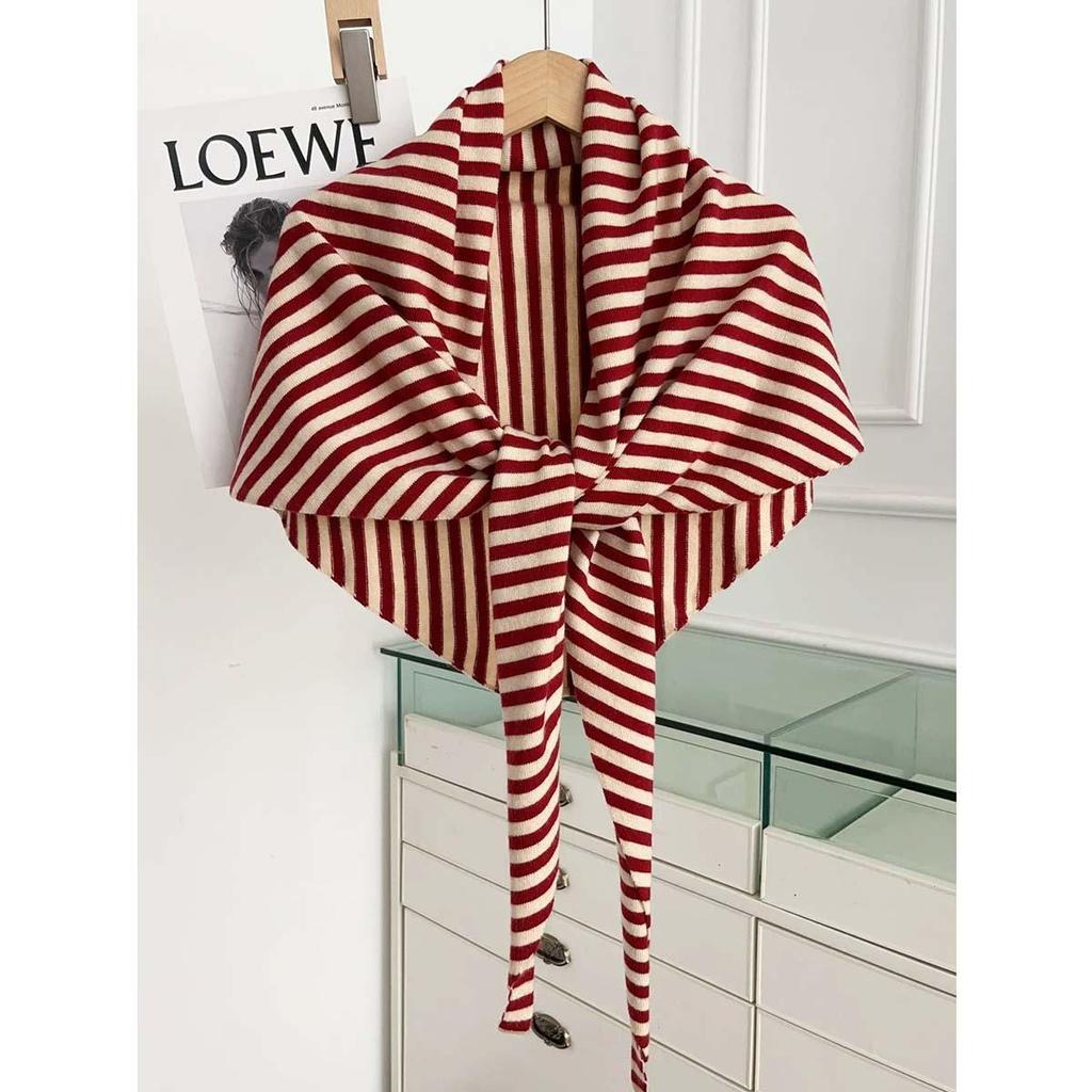 2025 Wool Blend Striped Triangle Shawl Women's Warm Thick Knitted Outerwear