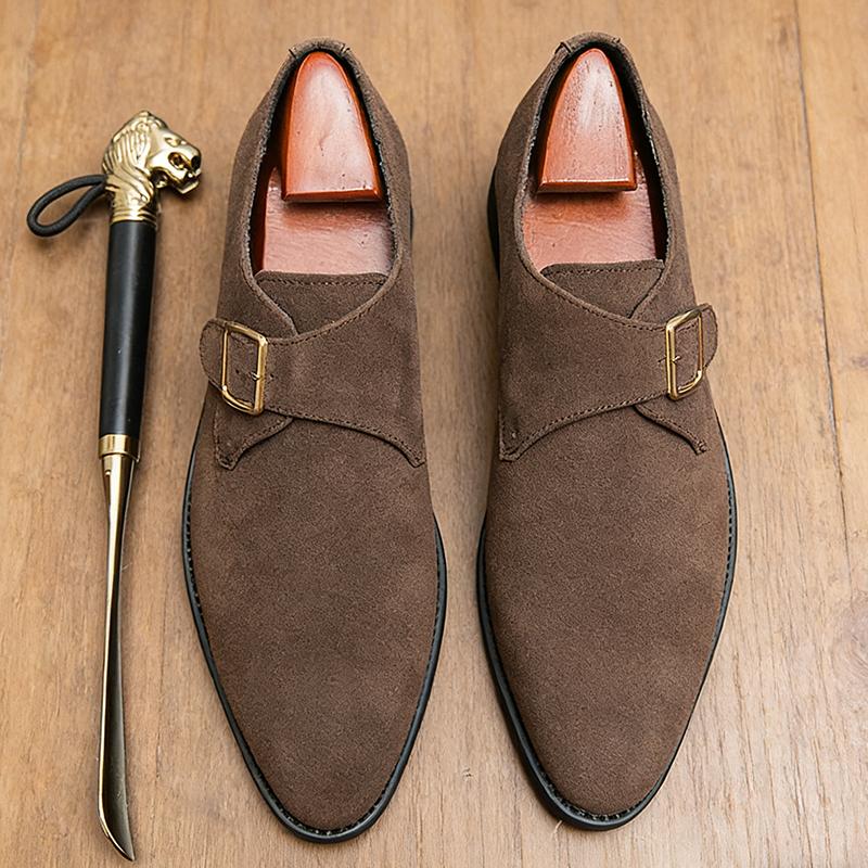 Trend New Pointed  Suede Leather Monk Strap Shoes For Men Brand Designer Formal Wedding Dress Homecoming Sapatos Tenis Masculino