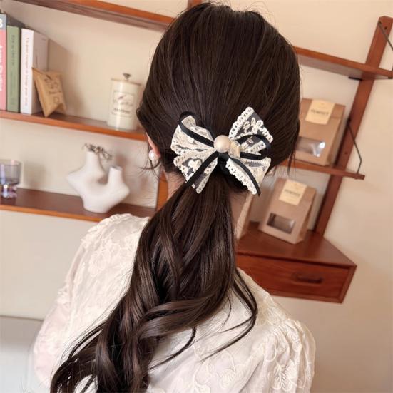 Hair Rope High Elasticity Lace Ribbon Bow Imitation Pearls Rhinestones Decor Hair Tie