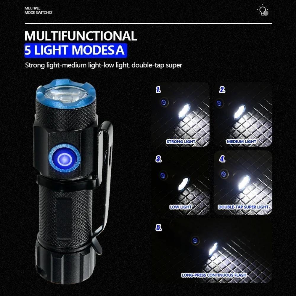 Mini Flashlight High Power Rechargeable LED Flashlight Waterpoof 16340 Battery Torch 3000LM Tactical Lantern Multi Functional Zoom Mini Flashlight