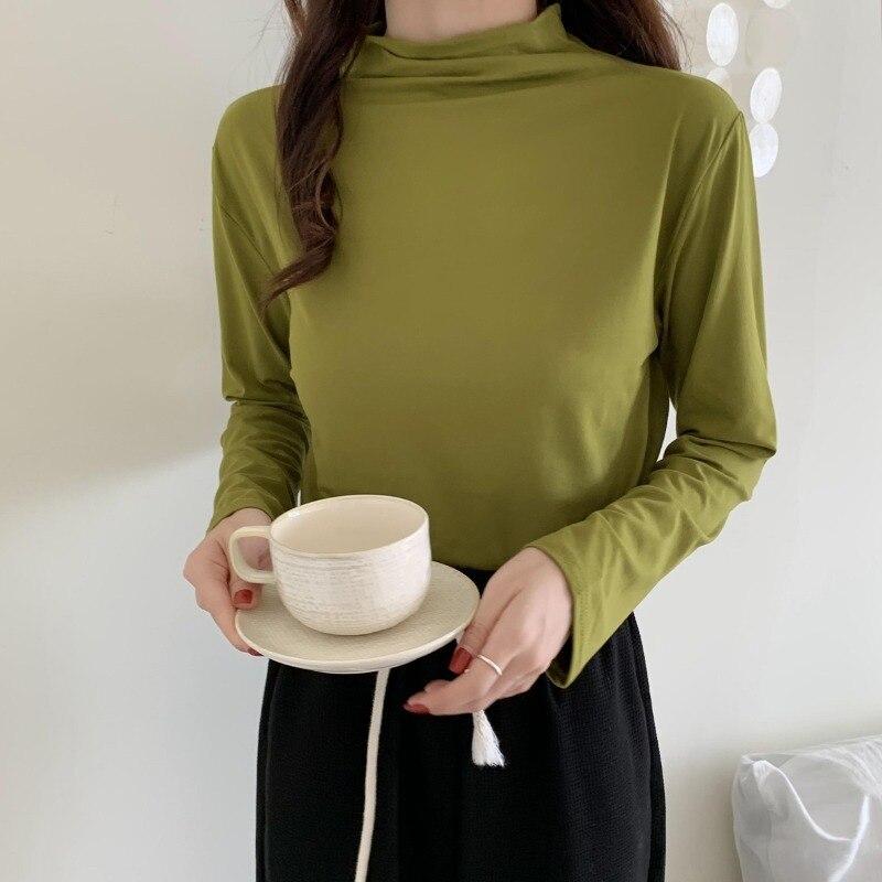 Langarm Shirt Bottom Frauen T-shirts Herbst Winter Mode Weibliche Beiläufige Dünne Hohe Elastische Mock Neck T-shirts Pullover Tops